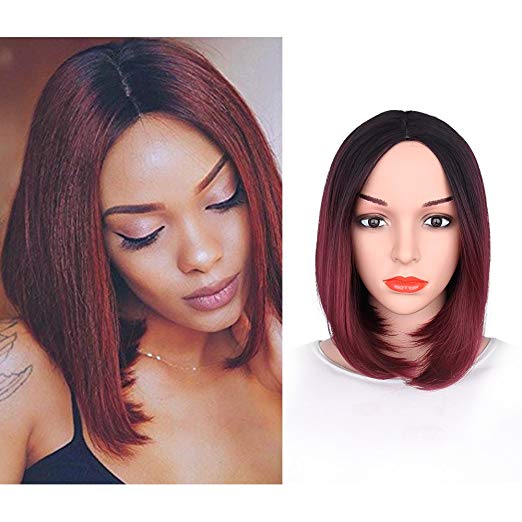 BARSDAR 14" Girl’s Short Ombre Bob Hair Wigs Straight Synthetic Colorful Halloween Cosplay Daily Party Wig for Women Natural Looking Heat Resistant As Real Hair-Black to Wine Red
